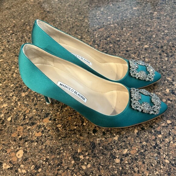 Manolo Blahnik Hangisi Pump Heels Green Size 8 - Picture 1 of 8